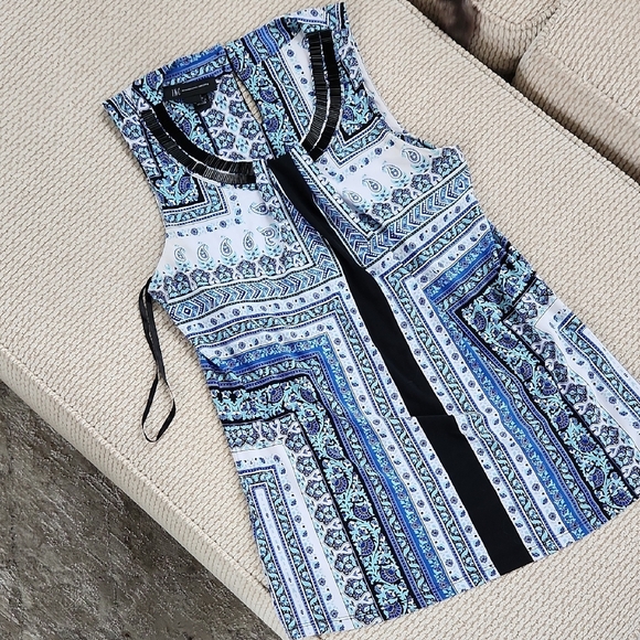 INC Blue and White Sleeveless Tank Top with Mandarin Collar, Size Medium - Picture 1 of 5